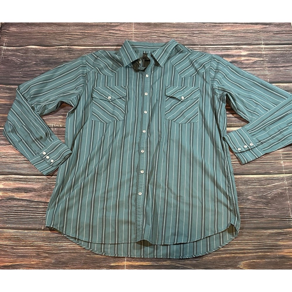 Men's Pearl Snap Long Sleeve Shirt Button XL Teal Green Plaid Western Cowboy